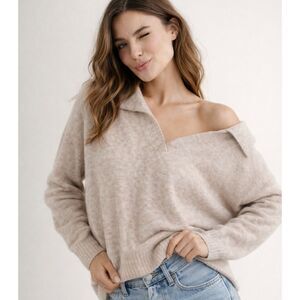 JAMISON Oversized Relaxed Fit Sweater XS Women's Beige Cropped V-Neck Soft Knit